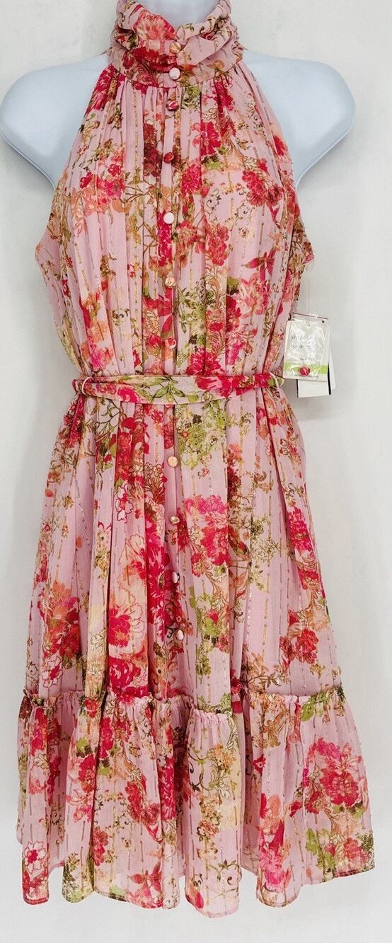 Taylor NWT Floral Halter Midi Dress 4 Tickle Me Pink Gold Lurex Belted